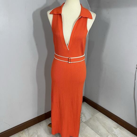 Nicholas Giuliana Ribbed Knit Midi Belted Sweater Dress Large Orange Stretchy - Picture 16 of 16